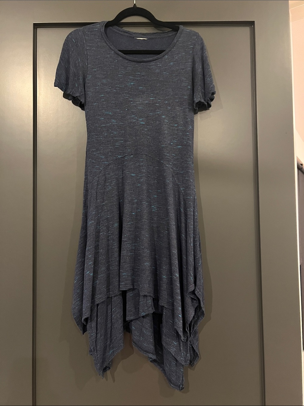 Stretchy Blue Asymmetric Hem Short Sleeve Women's Dress